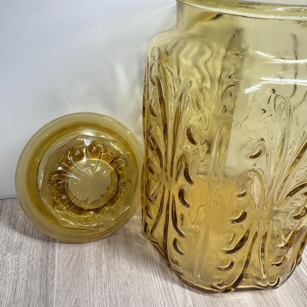 Amber‎ Glass Apothecary Jar Canister Lid Vintage Floral Embossed 9in